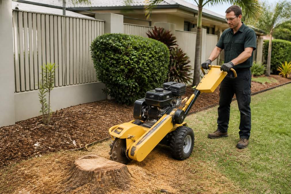 A person in work clothes and safety glasses standing beside a walk-behind stump grinder on a residential block, with a tree stump visible in the foreground and a suburban yard behind