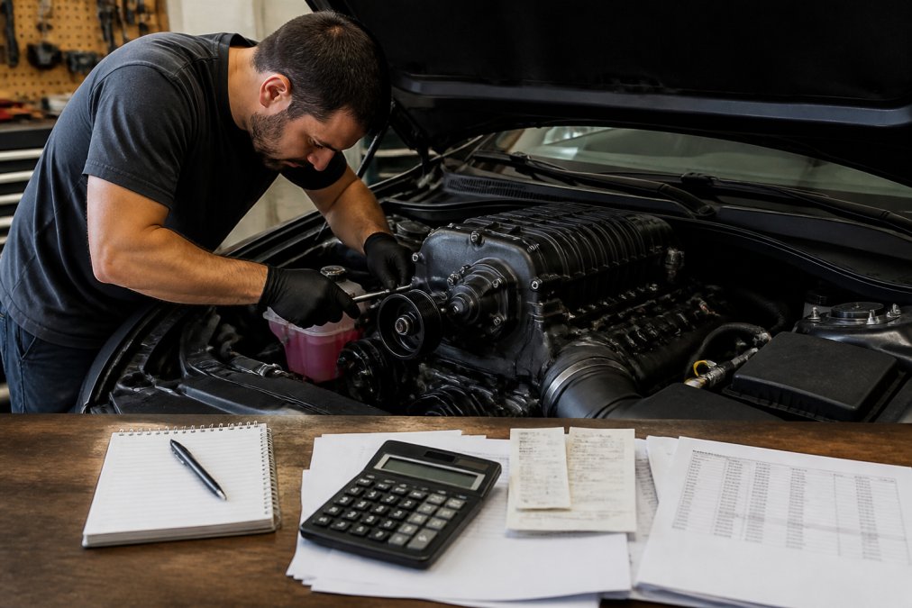 Mechanic installing a bolt-on supercharger kit on a V6 engine in a home garage with tools on a workbench