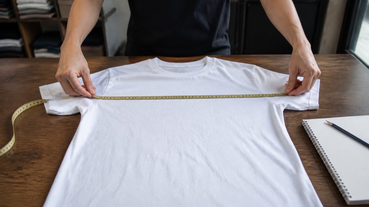 A person using a soft tape measure to measure the chest of a t-shirt laid flat on a clean table, with a notebook and pencil nearby for recording measurements