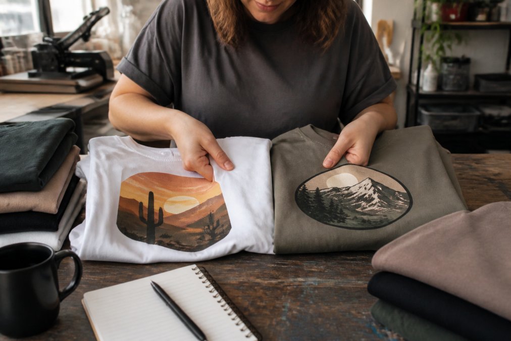 A person at a craft table holding two printed graphic t-shirts side by side, comparing the print texture with one thumb, with folded tees, a notebook and a coffee mug nearby in warm natural light