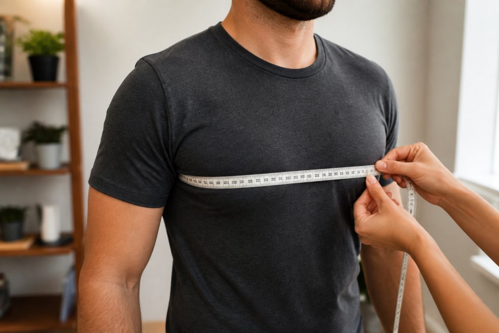 Person wearing a fitted t-shirt with a soft tape measure positioned horizontally around the fullest part of their chest, demonstrating correct tape placement with relaxed posture and natural indoor lighting