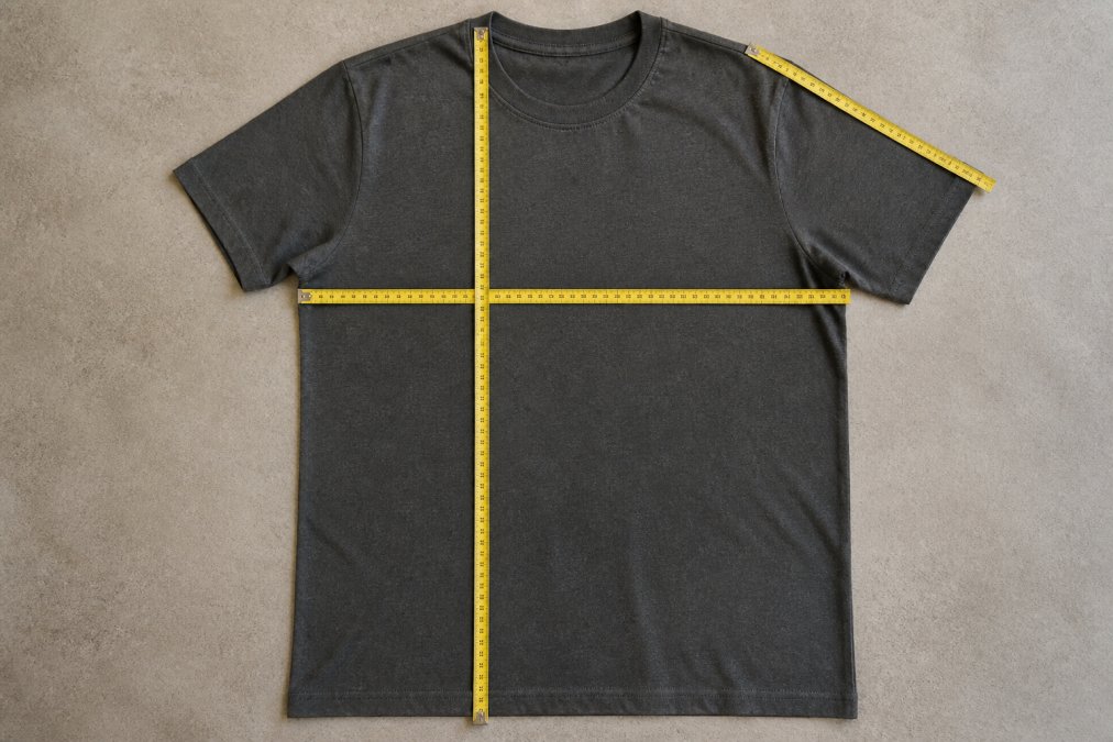 Flat lay of a t-shirt laid out on a neutral surface with a measuring tape showing key measurement points including chest width across the front, sleeve length from shoulder seam to cuff, and torso length from neckline to hem
