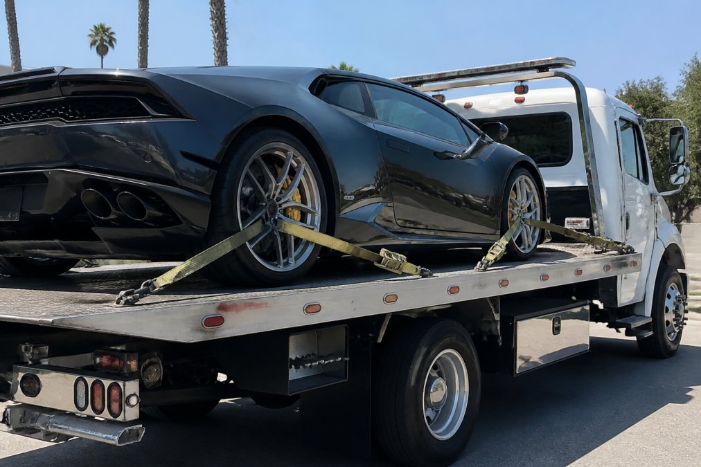 Professional flatbed tow truck with luxury sports car secured using soft straps, vehicle elevated and properly positioned for damage-free transport, bright daylight