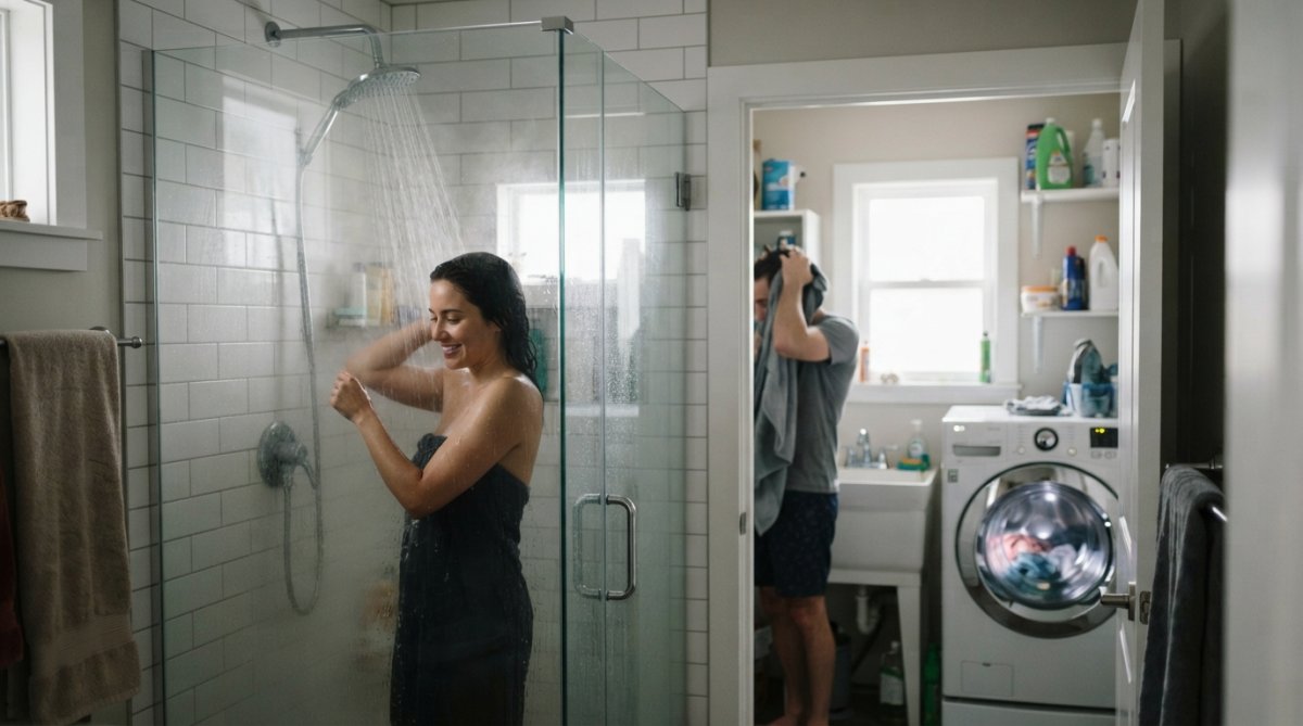 A family in a modern Canadian home, with two people showering while the washing machine runs in the background, illustrating simultaneous hot water usage