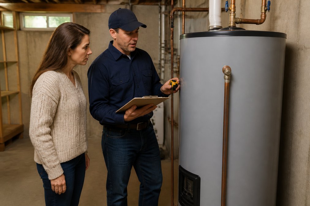 A homeowner and a licensed plumber examining a residential water heater in a clean basement utility room, clipboard and tape measure in hand