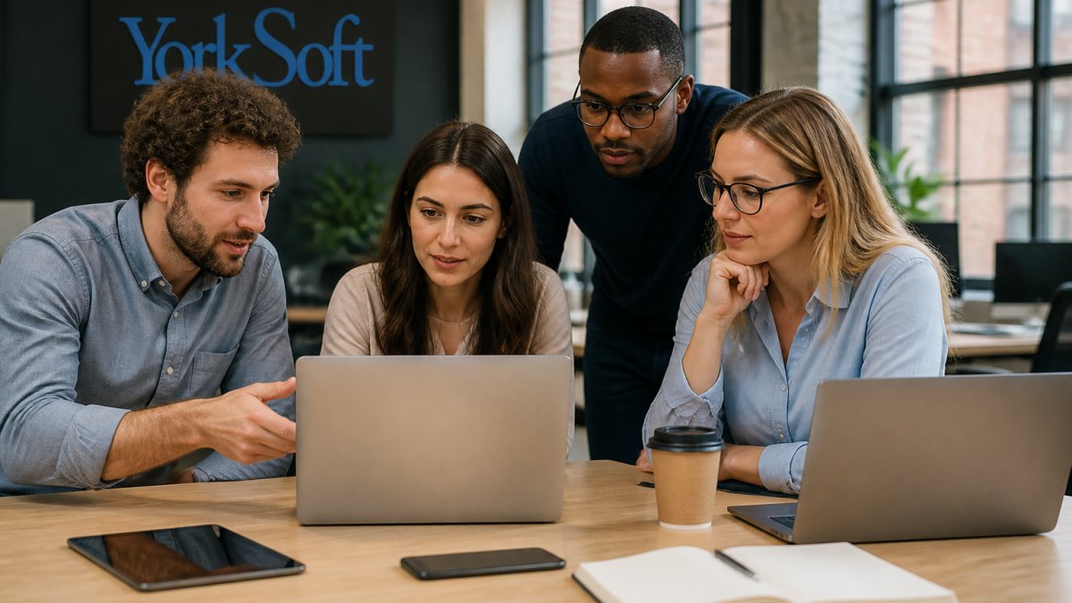 Professional team gathered around a laptop reviewing software dashboards and integration options in a modern office setting with natural lighting