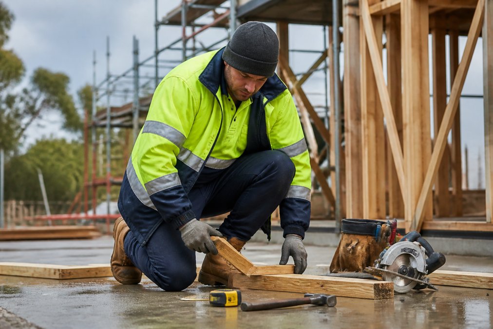 A worker on an outdoor construction site wearing thermal work pants over thermal leggings, with a hi-vis shirt and jacket, showing the full layering system in cold weather
