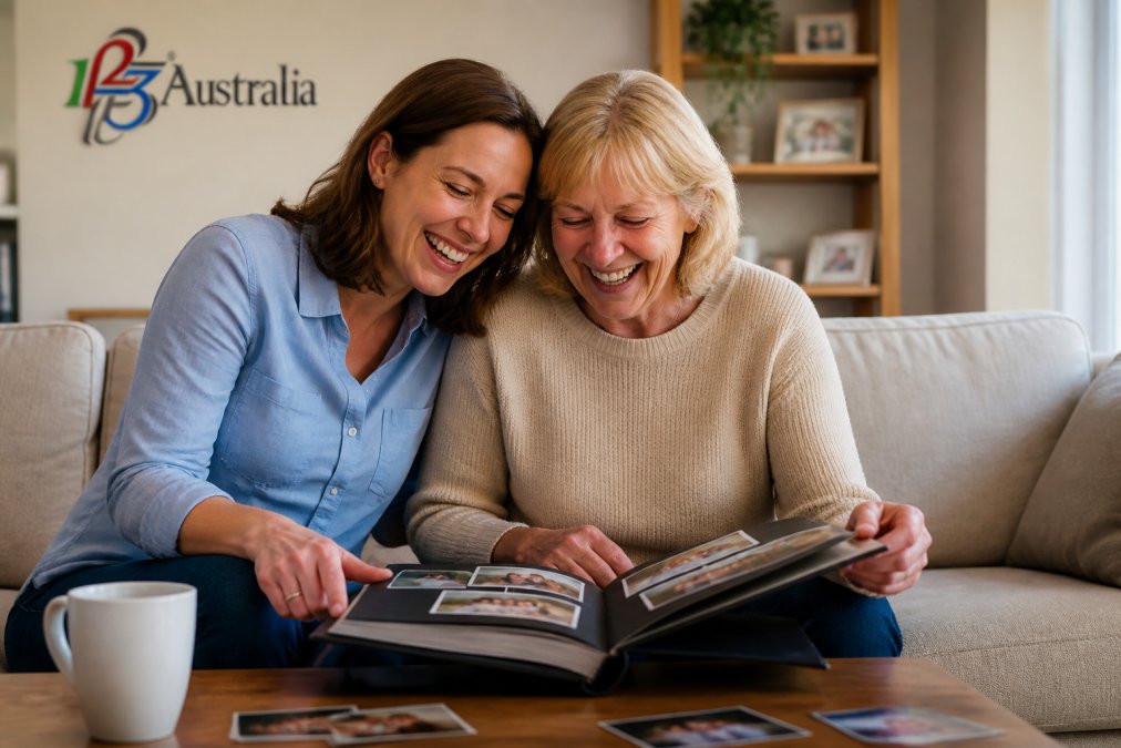 Adult child and mother laughing together while looking at a photo album or scrapbook, warm natural lighting in a cosy living room setting