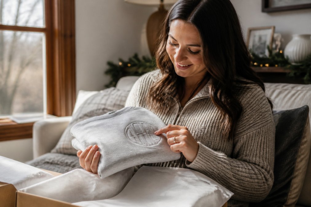 Person sitting in cozy home setting, carefully examining a personalized sweatshirt with custom monogram, warm natural lighting from window, genuine smile while tracing the custom details with their finger