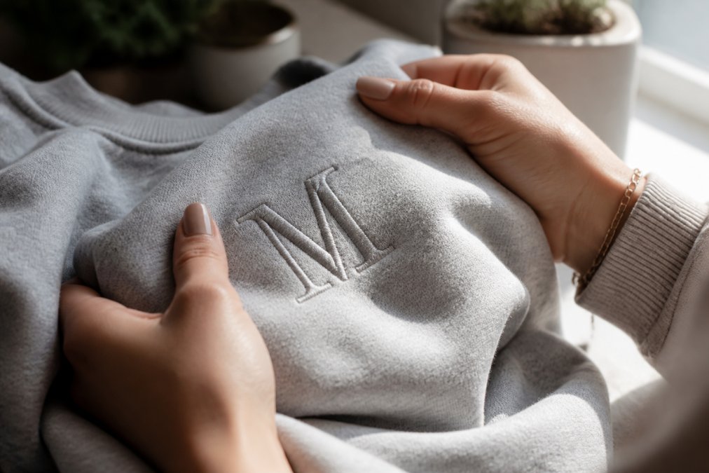 Close-up of hands carefully examining the monogrammed details on a personalized sweatshirt, showing intricate embroidery work, with natural daylight highlighting the craftsmanship and custom stitching on high-quality fabric