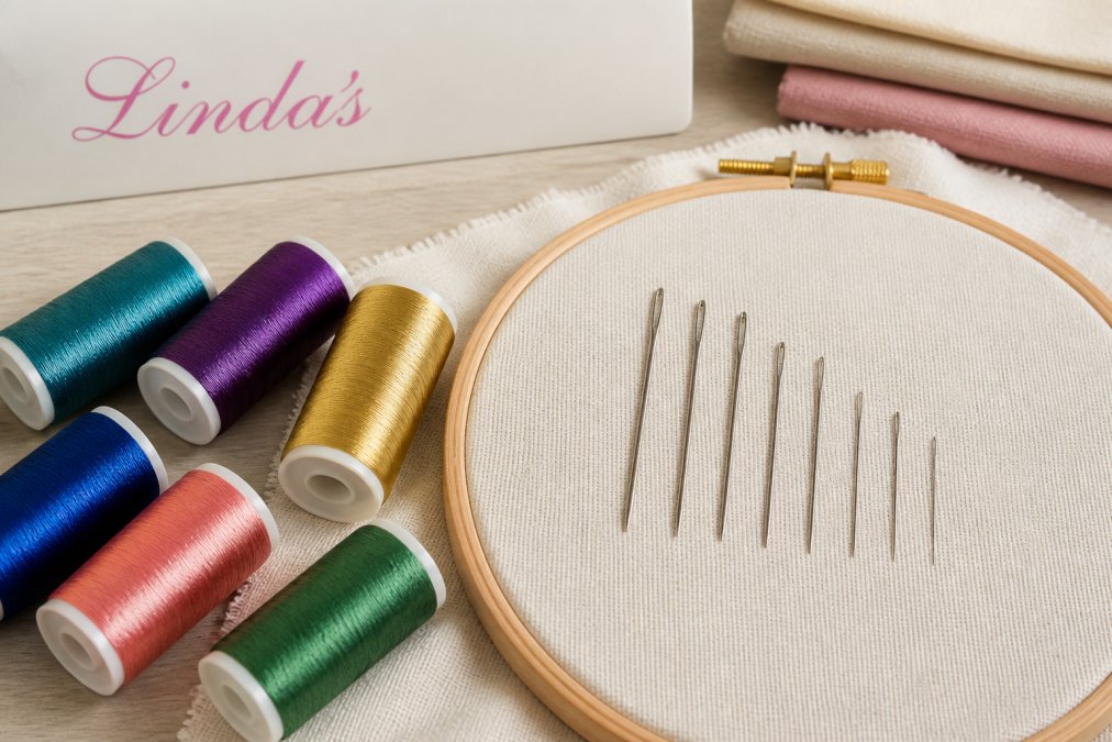 Close-up of embroidery thread spools in various jewel tones arranged next to embroidery needles of different sizes on a cream linen fabric swatch with an embroidery hoop