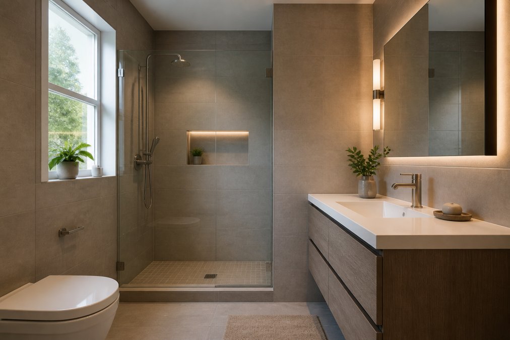 Diagram showing how warm-toned gray tiles and 2700K lighting impact perceived space when choosing bathroom tiles