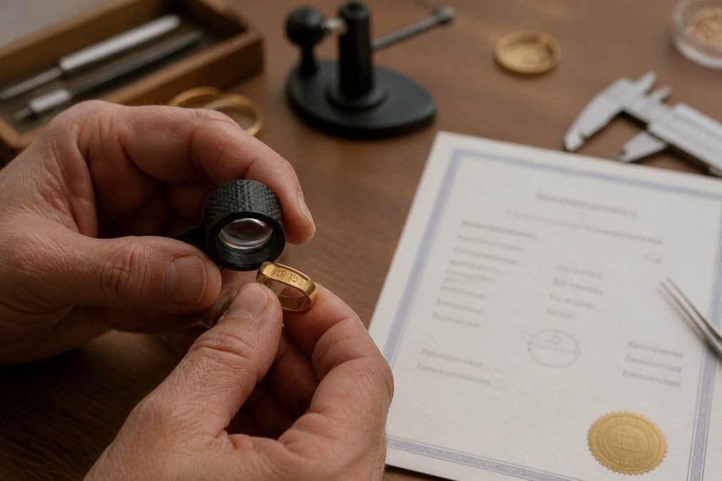 Jeweller's loupe magnifying a hallmark stamp on the inside of a gold wedding band under bright studio lighting, with a certification document visible beside it