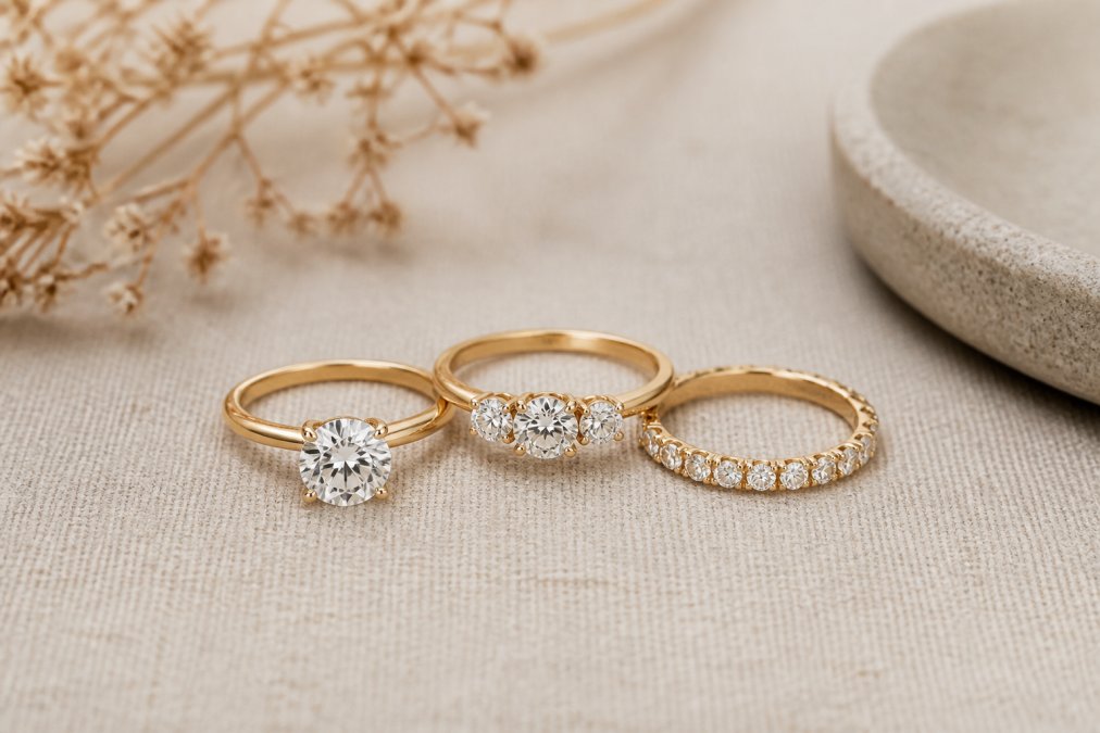 Elegant flat-lay arrangement of three classic gold and diamond anniversary jewellery pieces displayed on a neutral linen surface, showing different styles including solitaire, three-stone, and delicate band designs stacked together