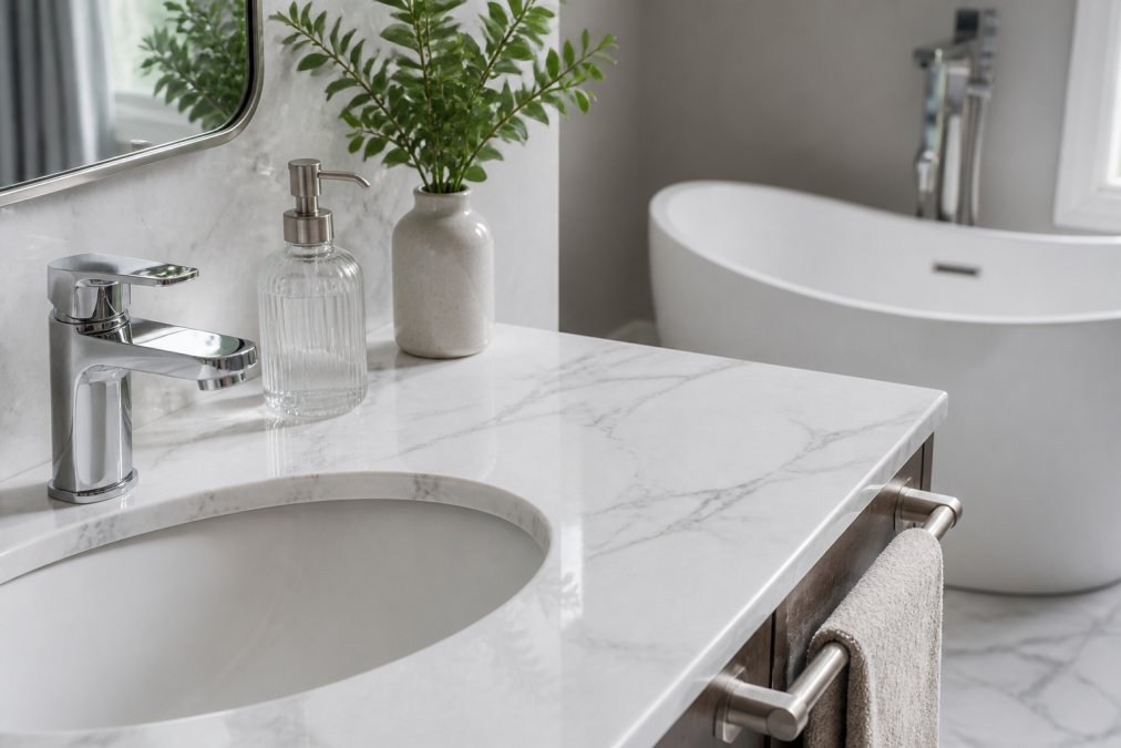 Close-up of a polished chrome bathroom faucet and brushed nickel towel bar mounted on a white marble vanity, bright natural light from a window reflecting off the fixtures in a minimal, spa-like bathroom setting
