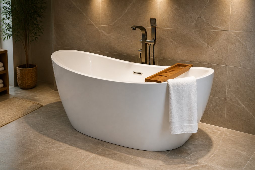 A white freestanding acrylic soaker tub positioned against natural stone tile in a spa-like bathroom, soft warm overhead lighting, a folded white towel draped over the tub edge, and a small teak bath tray resting across the rim
