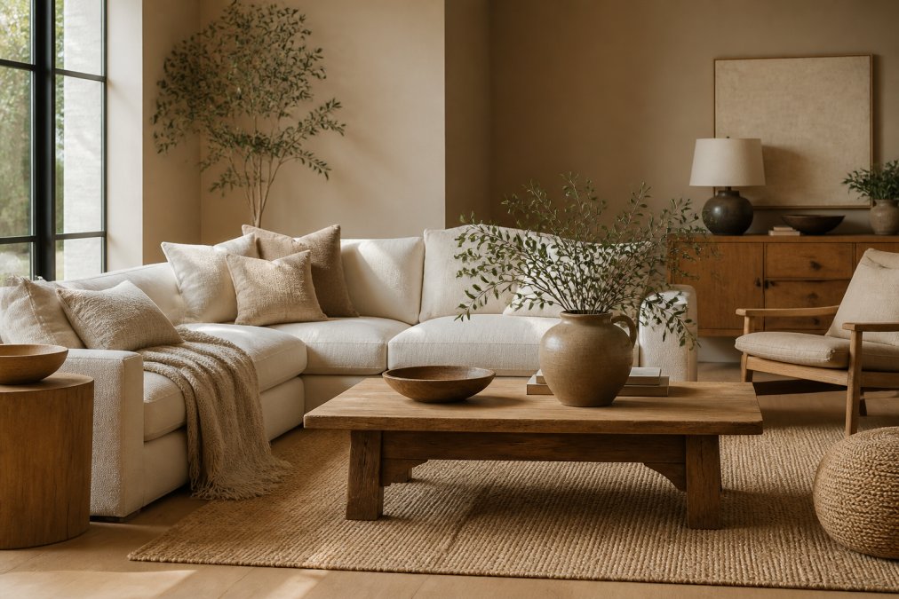 Serene living room with warm beige walls, cream upholstered sofa, and natural wood side tables with soft natural light streaming through large windows, layered area rugs and throw blankets creating textured warmth