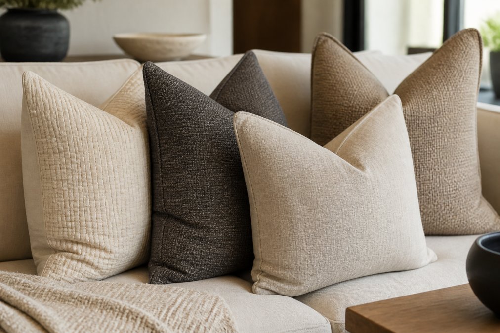 Close-up of styled sofa with carefully arranged accent pillows in coordinating neutral tones, cream linen, warm gray wool, and natural fiber blends, showing layered textures creating visual interest without clashing