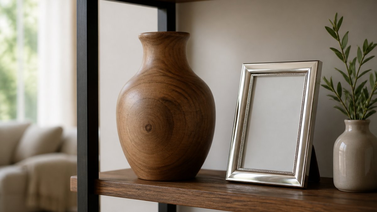 Handcrafted wooden vase next to a sleek metal picture frame on a sunlit shelf against a neutral wall