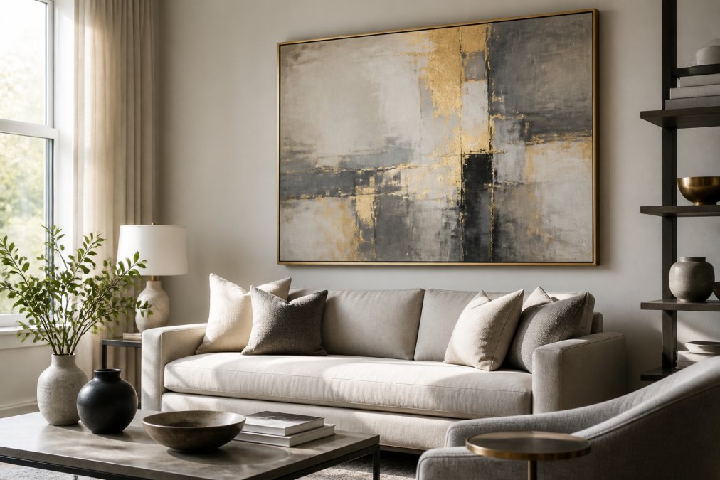 Elegant living room featuring neutral grey and gold statement wall art above a modern sofa in natural light.