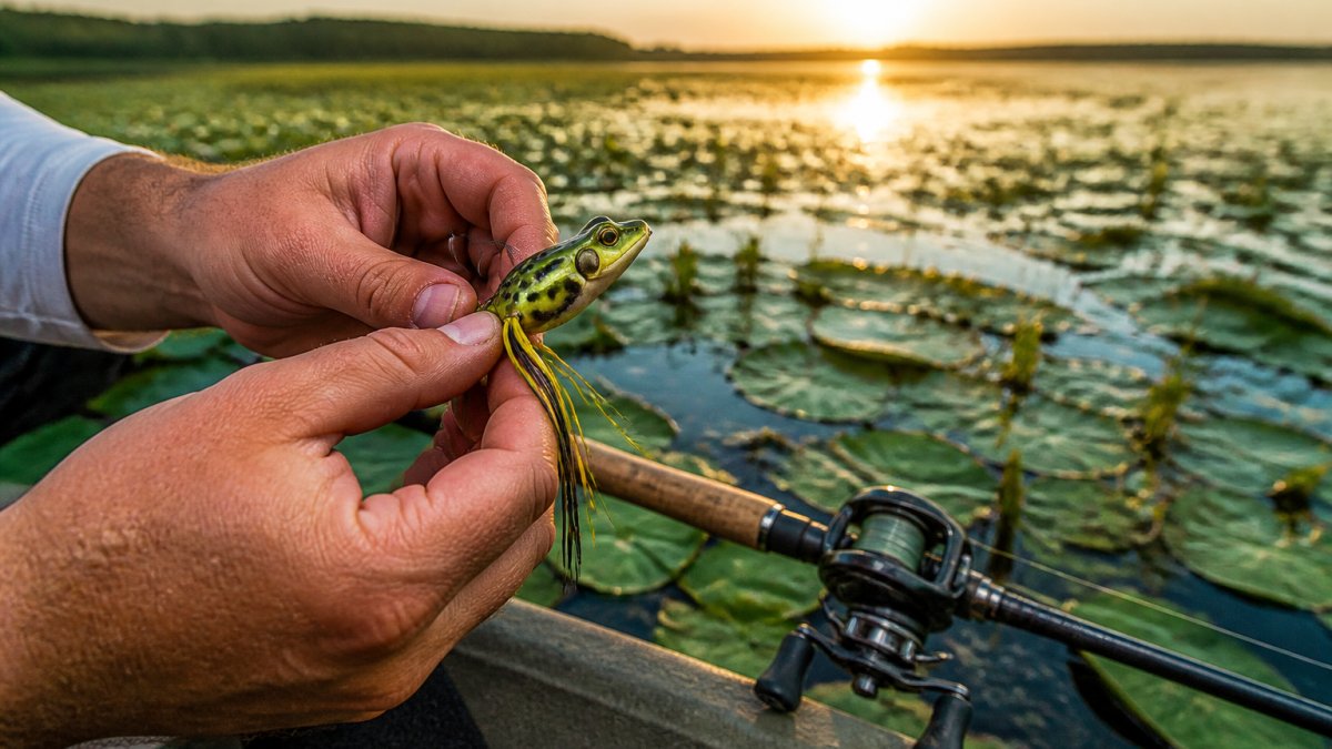 Close-up of an angler's hands holding a soft plastic topwater frog lure over a mat of lily pads and grass on a calm lake at sunrise, with a baitcasting rod and reel visible in the background