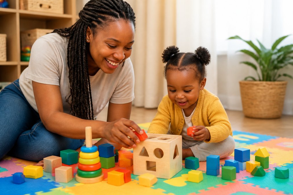 Parent and toddler playing with stacking blocks and a shape sorter to help choose toys for developmental growth.