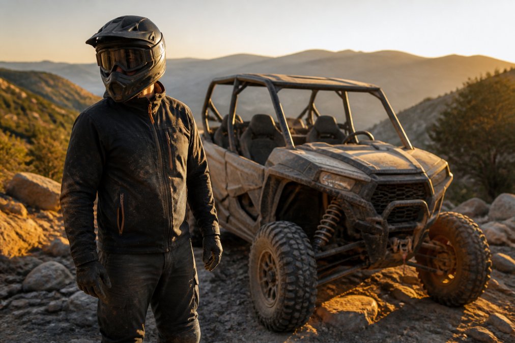 A rider in a full-face helmet and goggles standing beside a dusty side-by-side UTV on a rocky trail, wearing gloves and a protective jacket, late afternoon sunlight casting long shadows