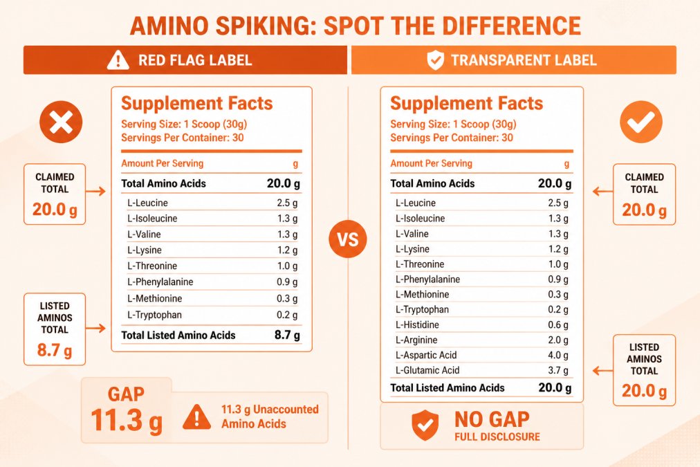 Side-by-side comparison of two supplement labels with annotations highlighting amino spiking red flags, one showing a gap between claimed total amino acids and listed individual amino acids, the other showing proper full disclosure