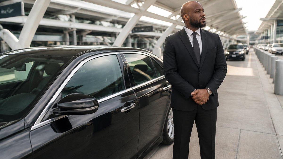 Professional driver in business attire waiting by a premium sedan, providing reliable transport for remote teams