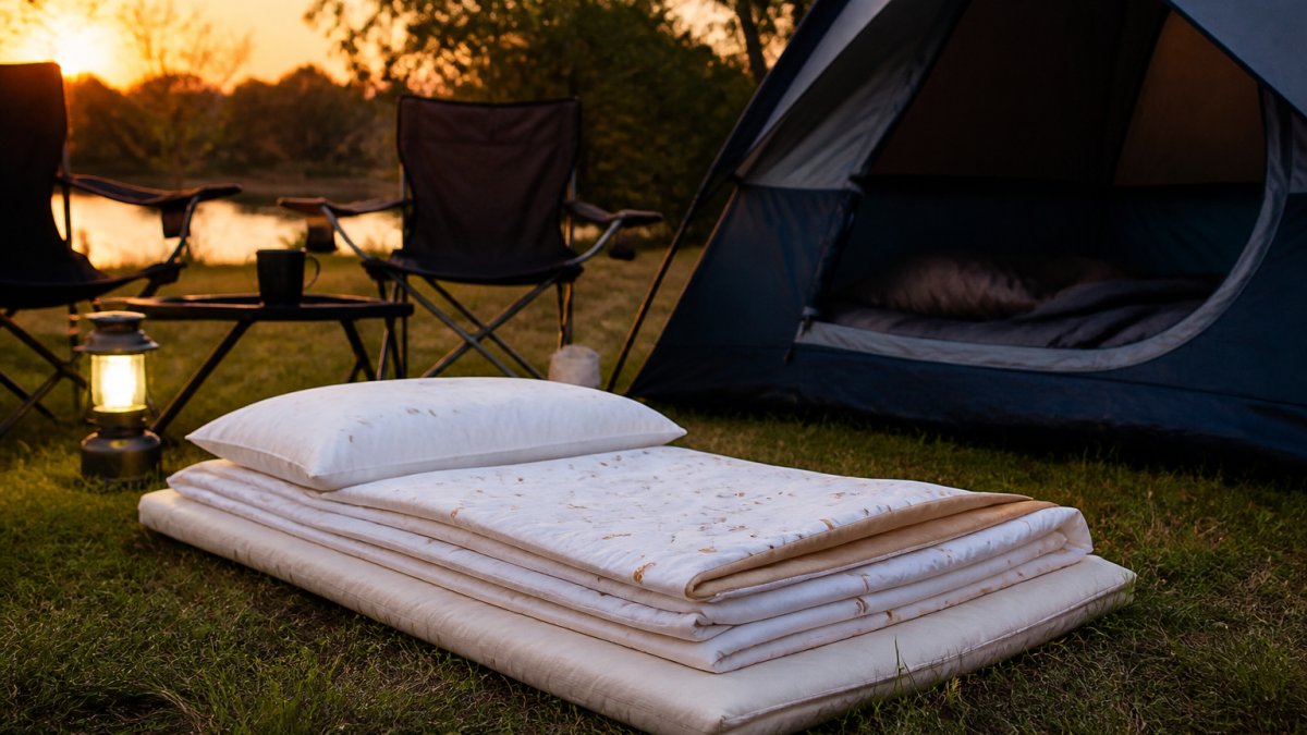 A child's folded linen sleeping mat laid out on grass beside a family tent at dusk, camping chairs and a lantern nearby, warm golden light