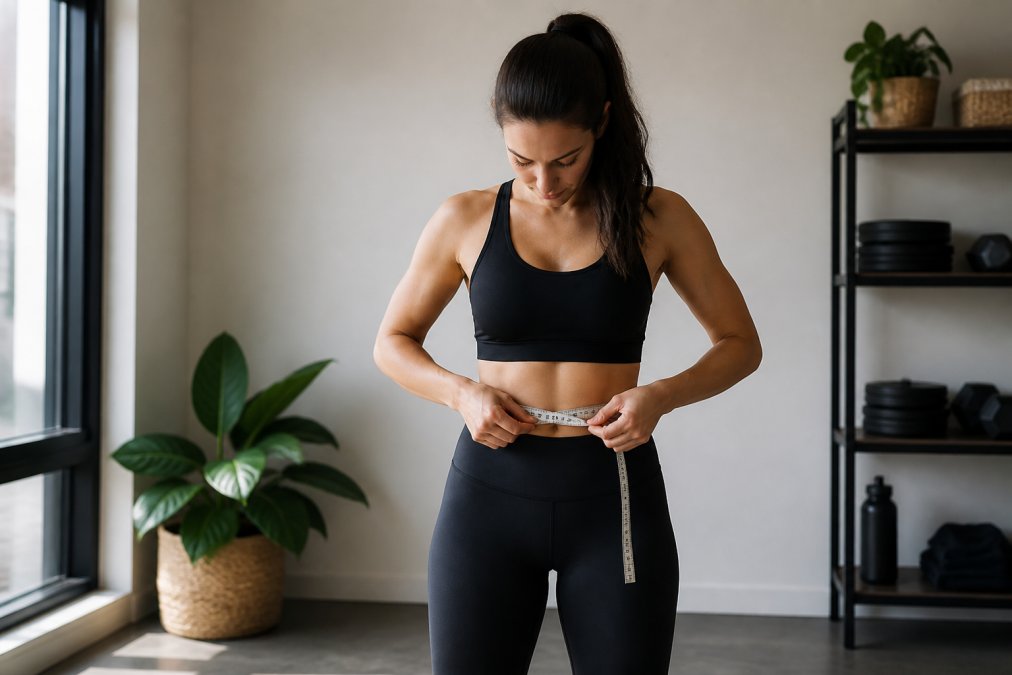 Person wearing fitted gym clothes standing with measurement tape around waist, demonstrating proper measurement technique with relaxed posture and neutral stance