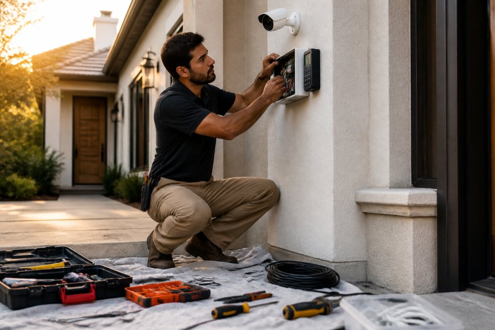 A professional security technician in a branded polo shirt mounting a camera and wiring an access control panel on the exterior wall of a residential property, tools laid out on a drop cloth, late afternoon sunlight