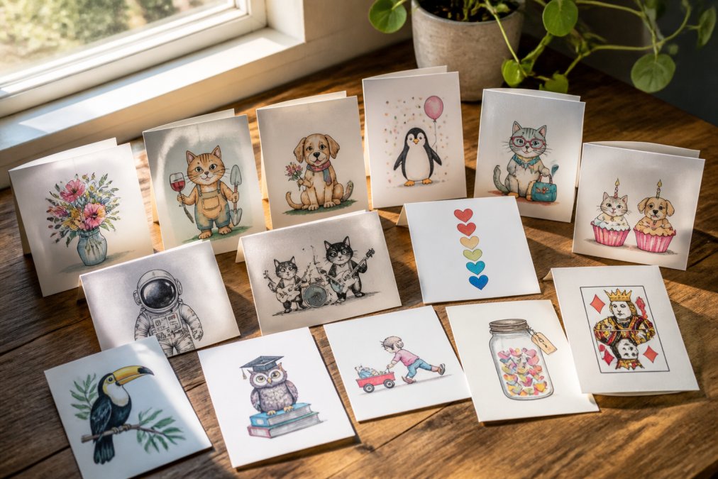 A collection of diverse handmade greeting cards spread out on a wooden table, showing different themes, color palettes, and artistic styles for various occasions, with natural window lighting highlighting the textures and hand-painted details