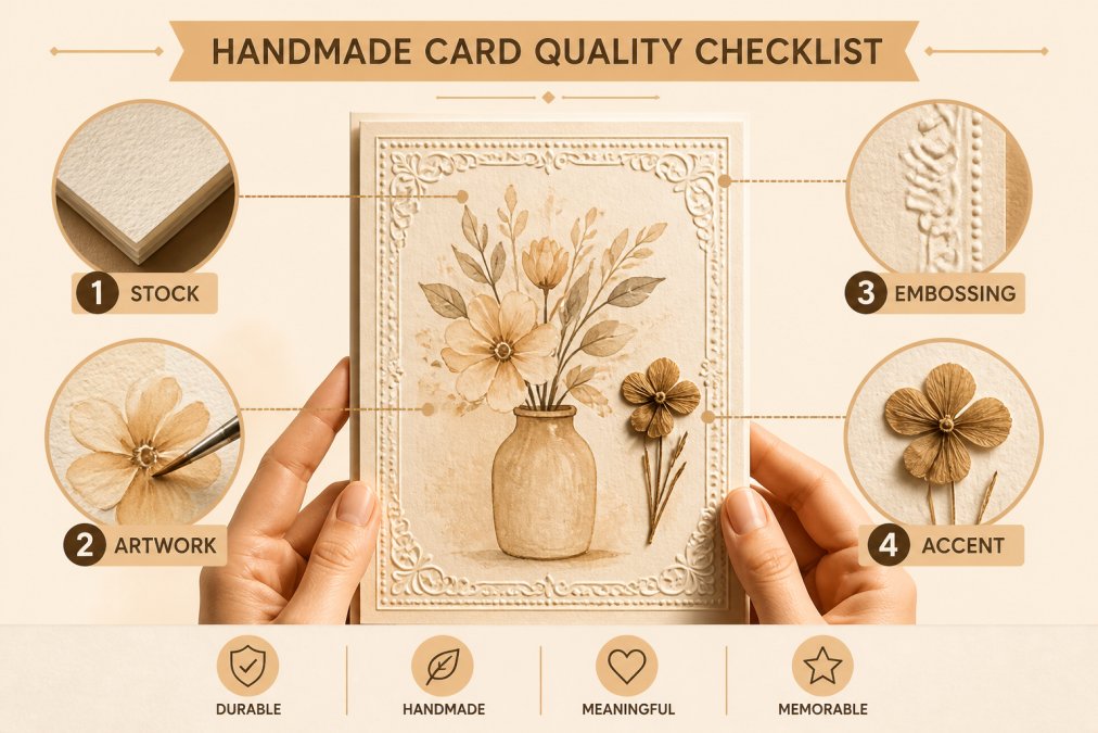 Close-up of hands holding an artfully designed handmade greeting card, showing rich cardstock texture, hand-painted watercolor details, delicate embossing along the border, and a pressed flower accent catching natural light