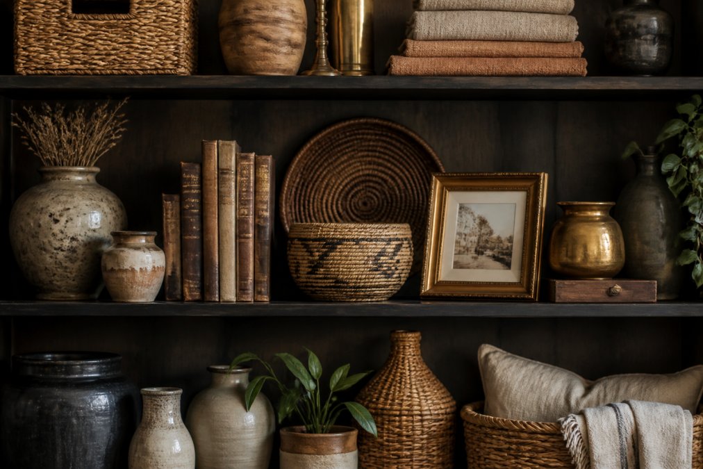 Well-styled living room shelf displaying a mix of natural wood, ceramic, metal, and textile items together, vintage books, handmade pottery, woven baskets, and a brass frame, showing layered texture and materiality