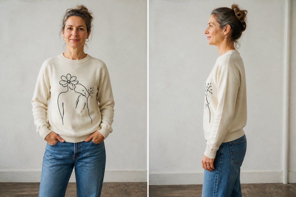 Person in a crew neck sweater with hand-drawn illustrations styled casually with denim jeans