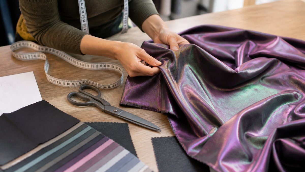A fashion designer's hands examining a swatch of iridescent fabric under bright studio lighting, with a measuring tape, scissors, and fabric swatches spread across a wooden worktable