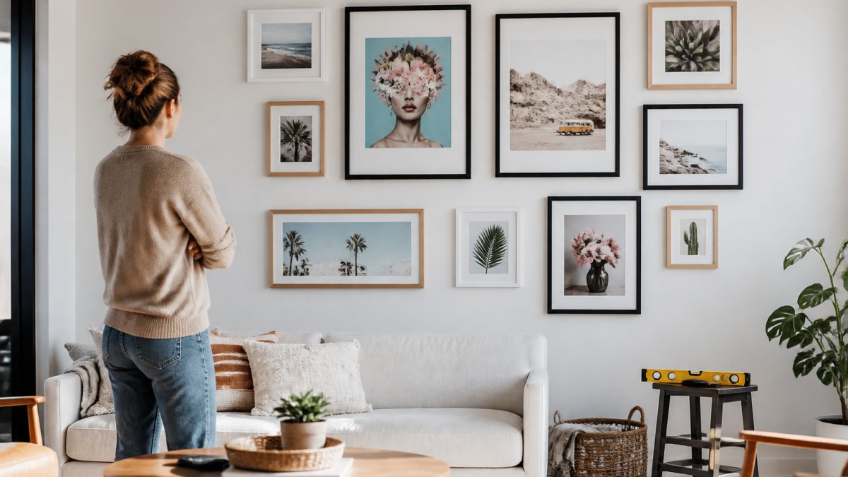A person standing back and admiring a freshly hung gallery wall in a bright living room, mix of framed prints, a spirit level on a side table, tape measure on the floor