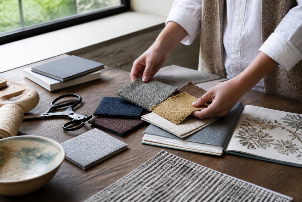 A person's hands arranging several small upholstery fabric swatches on a wooden table next to a window, with natural light falling across the different textures and colours