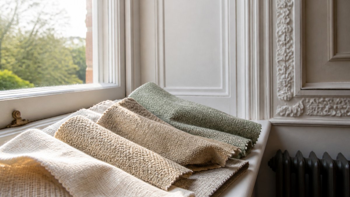 Infographic comparing natural fabric weaves for upholstery for period homes displayed near original plasterwork
