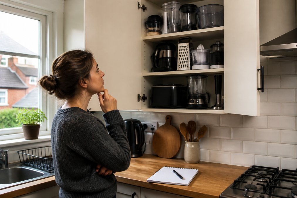 Person standing in a small kitchen reviewing their collection of kitchen gadgets with a notepad and pen.