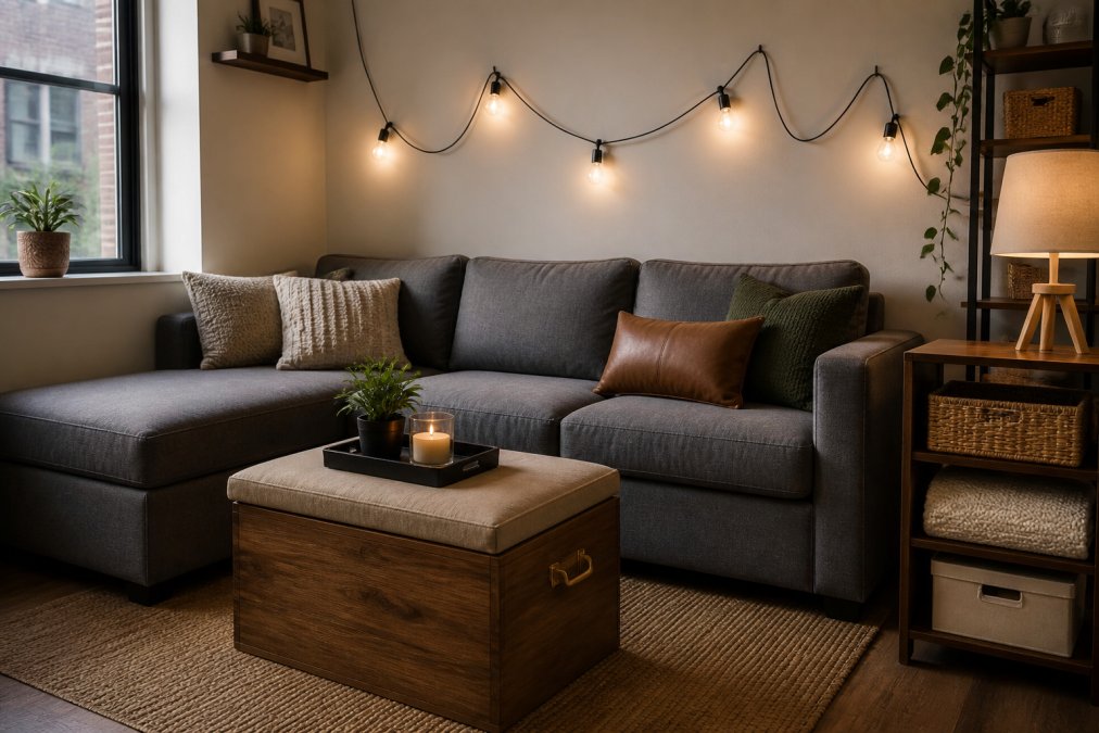 Modern compact apartment living room featuring a modular sectional sofa in neutral gray, a wooden storage ottoman with brass handles, and a multipurpose side table with open shelving, arranged to maximize floor space while maintaining a cohesive aesthetic with warm ambient lighting