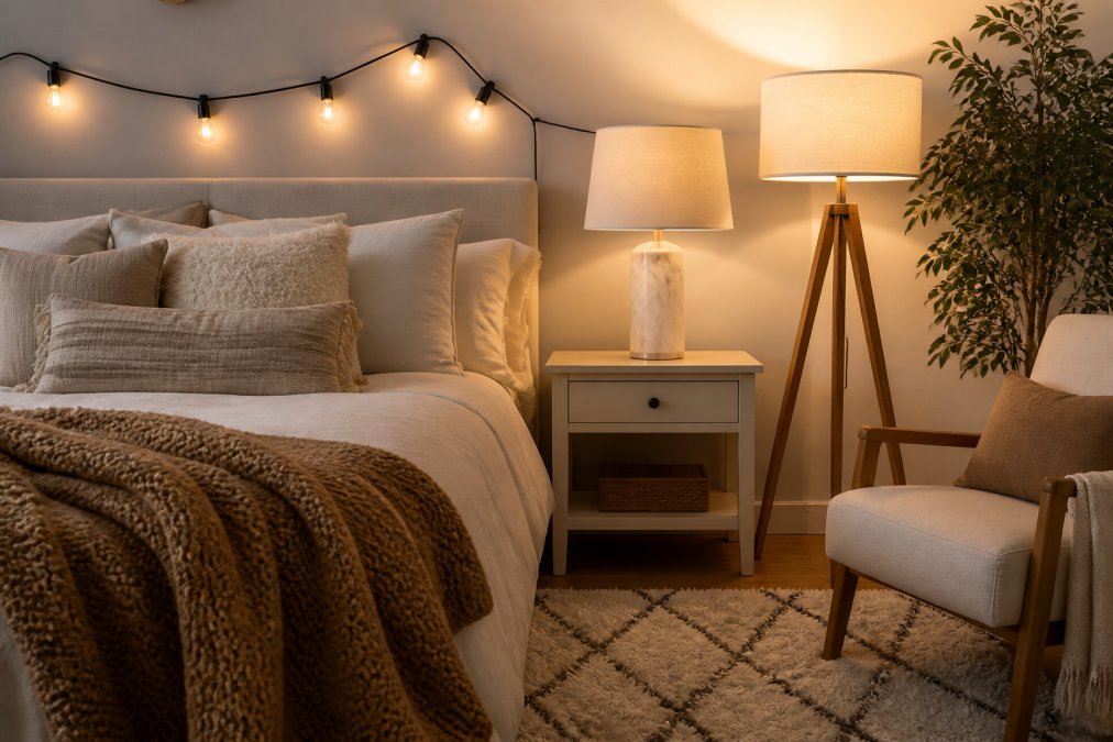 Cozy bedroom or living space featuring layered lighting from a wooden tripod floor lamp and marble-base table lamp, with textured throw pillows in neutral tones, a plush area rug with geometric patterns, and warm ambient light creating visual depth