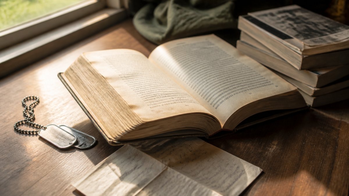 A weathered paperback memoir open on a wooden table beside a pair of dog tags and a folded letter, warm afternoon light coming through a window