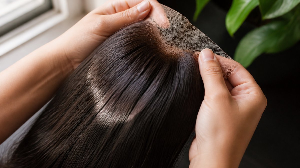 Close-up of hands holding a virgin hair wig, showing texture and shine with natural lighting highlighting the hair quality and transparent lace detail