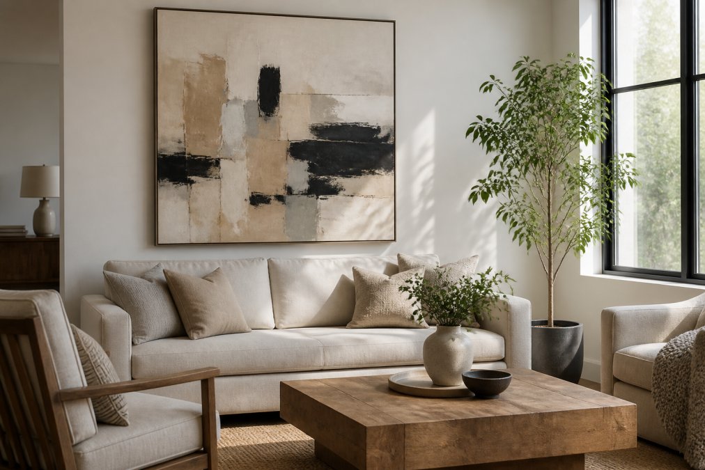 A bright, modern living room with a single oversized abstract canvas hung above a neutral sofa, a potted plant beside it, and soft natural light streaming through a window