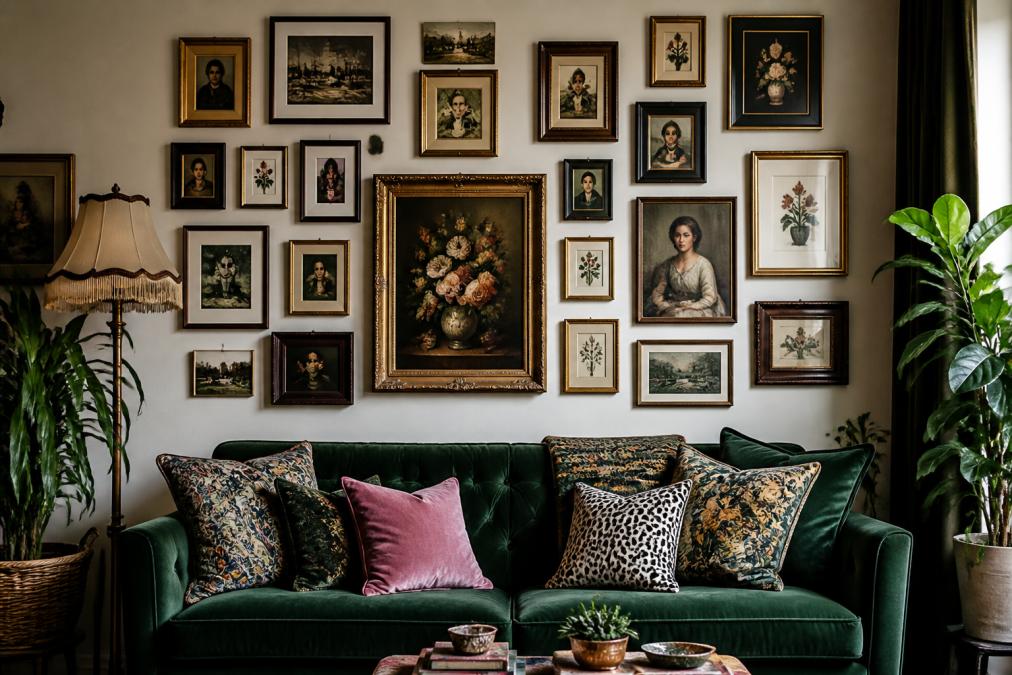 A styled maximalist living room wall with a salon-style gallery wall of mixed-size framed art in gold, black, and wood frames, surrounded by a velvet sofa with patterned pillows and a vintage floor lamp