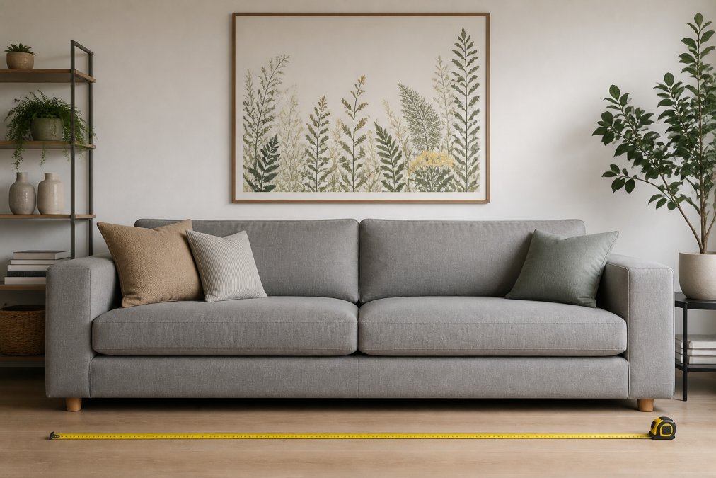 A bright living room with a large grey sofa, a single oversized framed botanical print centered above it, and a yellow tape measure stretched along the floor showing the sofa width