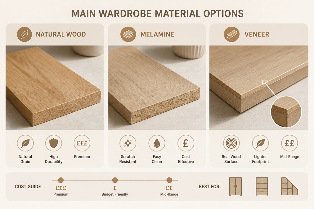 Close-up of different wardrobe material samples showing natural wood grain texture, melamine finish with realistic wood appearance, and veneer edge detail arranged in natural daylight on a work surface
