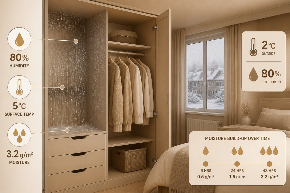 Interior of a fitted wardrobe in a modern UK bedroom showing condensation forming on internal surfaces with winter weather visible through the window behind, demonstrating moisture accumulation in poorly ventilated spaces